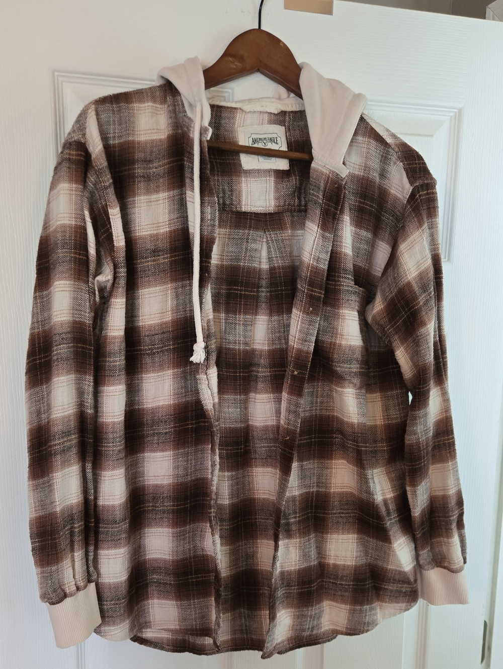 American Eagle Outfitters Brown and Cream Plaid Flannel Button-Down with Hood